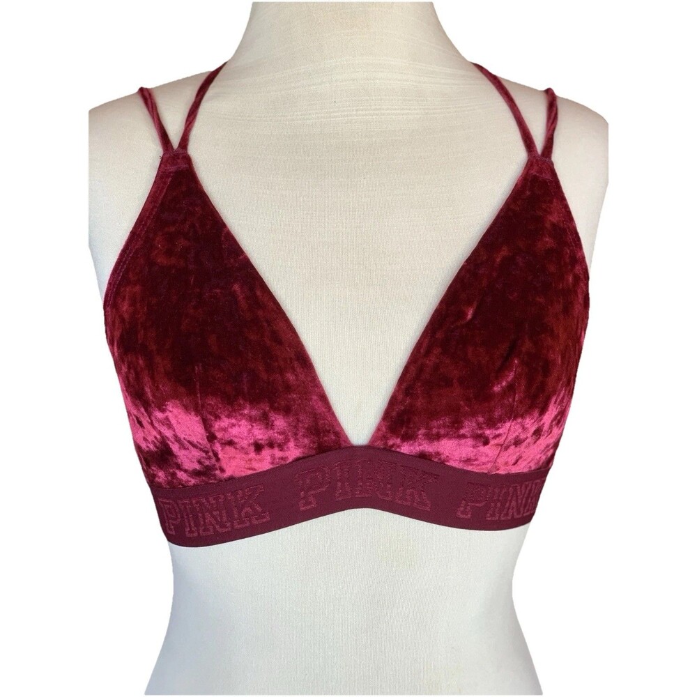 Victoria's Secret Burgundy Velvet Strappy Bra Wireless Sm/Med Sexy Pink 26”